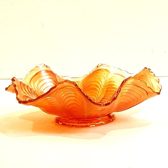Vintage Fenton Peacock Tail Marigold Carnival Glass Bowl Ruffled Edges Feathers - Picture 4 of 7